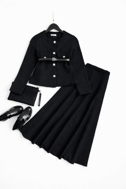 Cep Kapak Detaylı Etekli Takım - Siyah