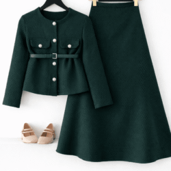 Cep Kapak Detaylı Etekli Takım - Zümrüt Yeşili