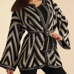 Zikzak Desen Kuşaklı Hırka - Siyah & Beyaz